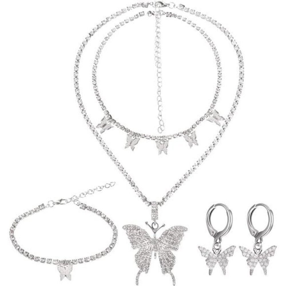 Sparkling Butterfly Jewelry Set – Rhinestone Necklaces, Bracelet, and Earrings